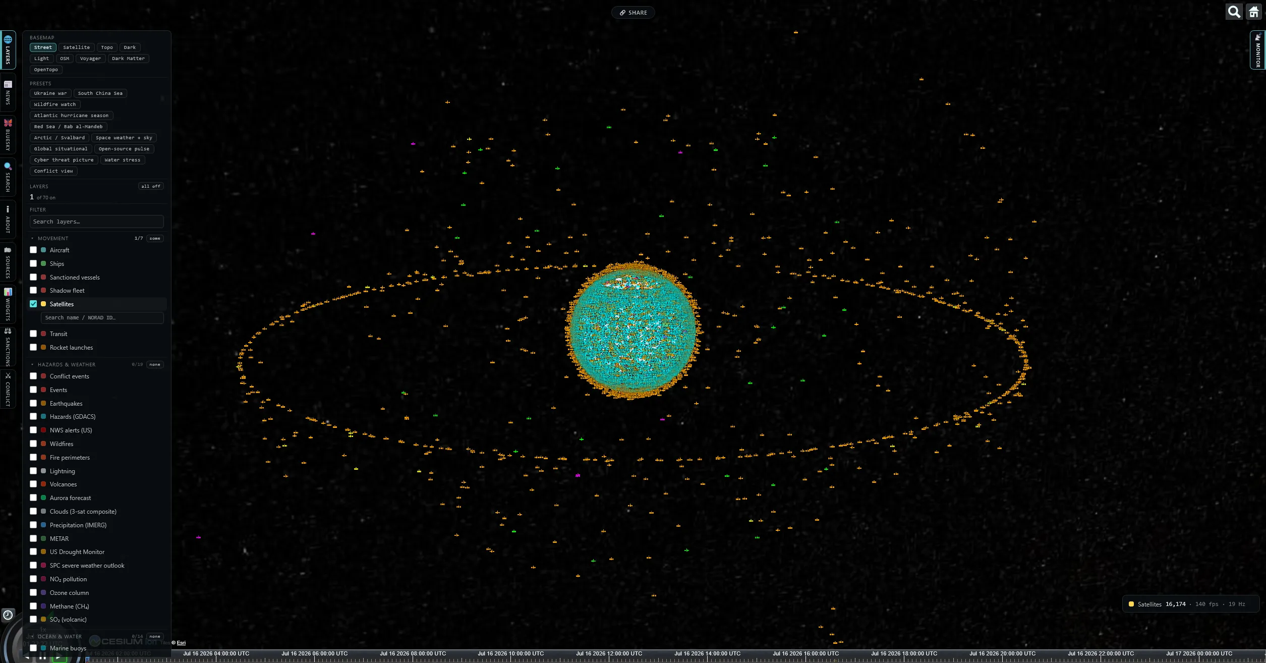 The OSINT Tracker globe with the satellite layer on: sixteen thousand satellites swarming the earth in orbital bands, with the layer panel and a scrubbable timeline running along the bottom.