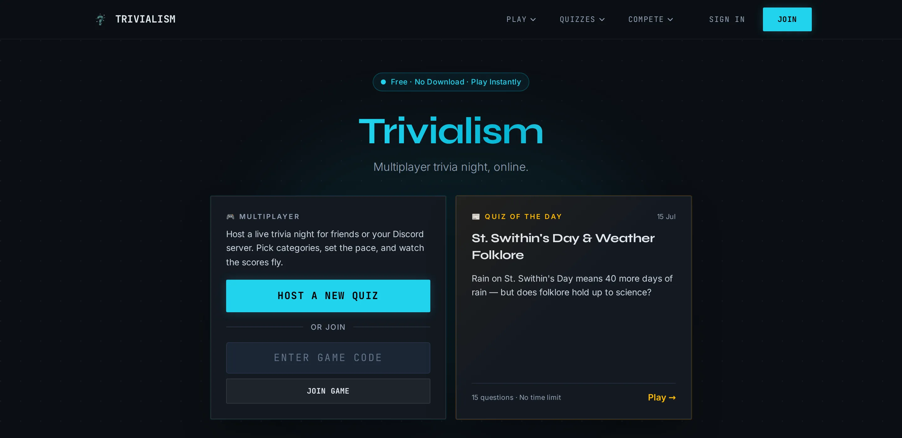 The Trivialism home page: a game-code entry field for joining a live quiz night, alongside the day's featured quiz on weather folklore.